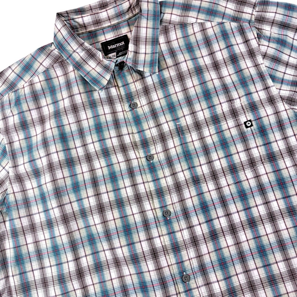 Marmot Eldridge Plaid Button Down Shirt Mens XL‎ Teal White Short Sleeve Outdoor